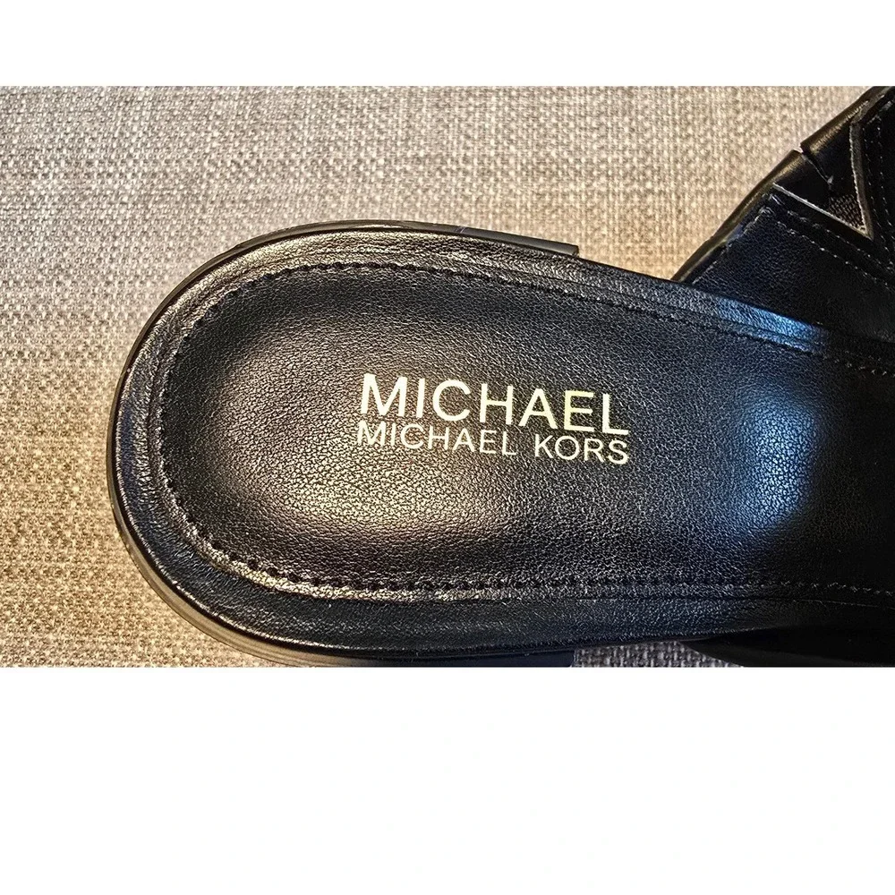 Michael Kors Carmen Logo Black Faux Leather Block Heel Mules Sandals 6M PV22D